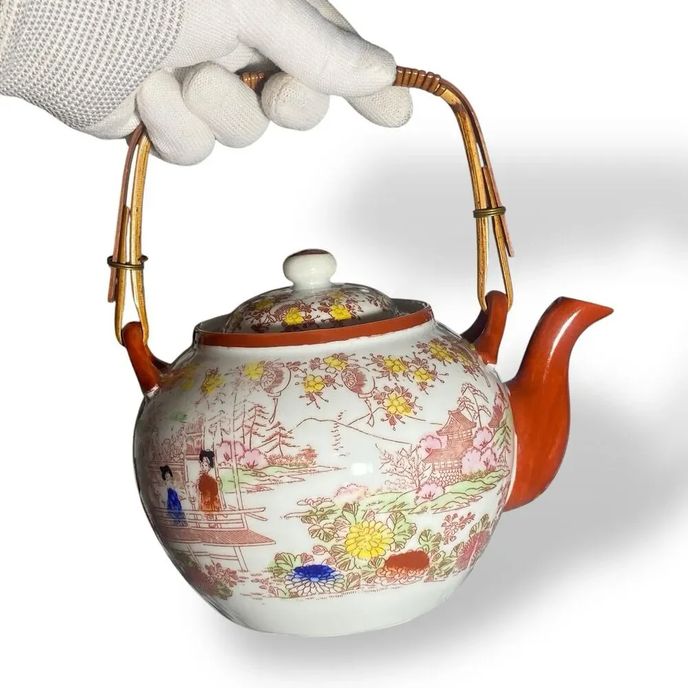 Antique Japanese Kutani Porcelain Tea Set Teapot Sugar Bowl Creamer Floral